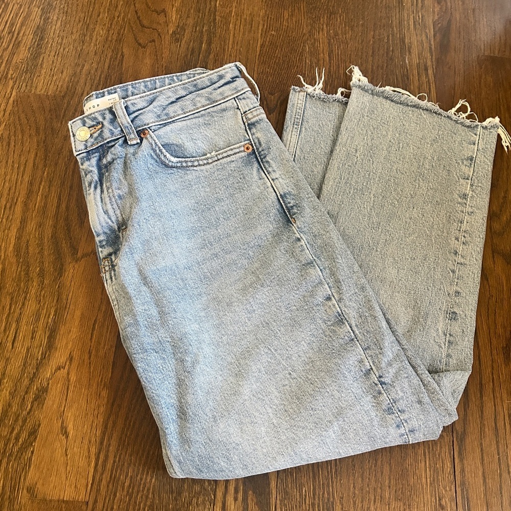 Topshop Jeans Denim Straight Leg Raw Frayed Hem Light Acid Wash - Picture 7 of 8